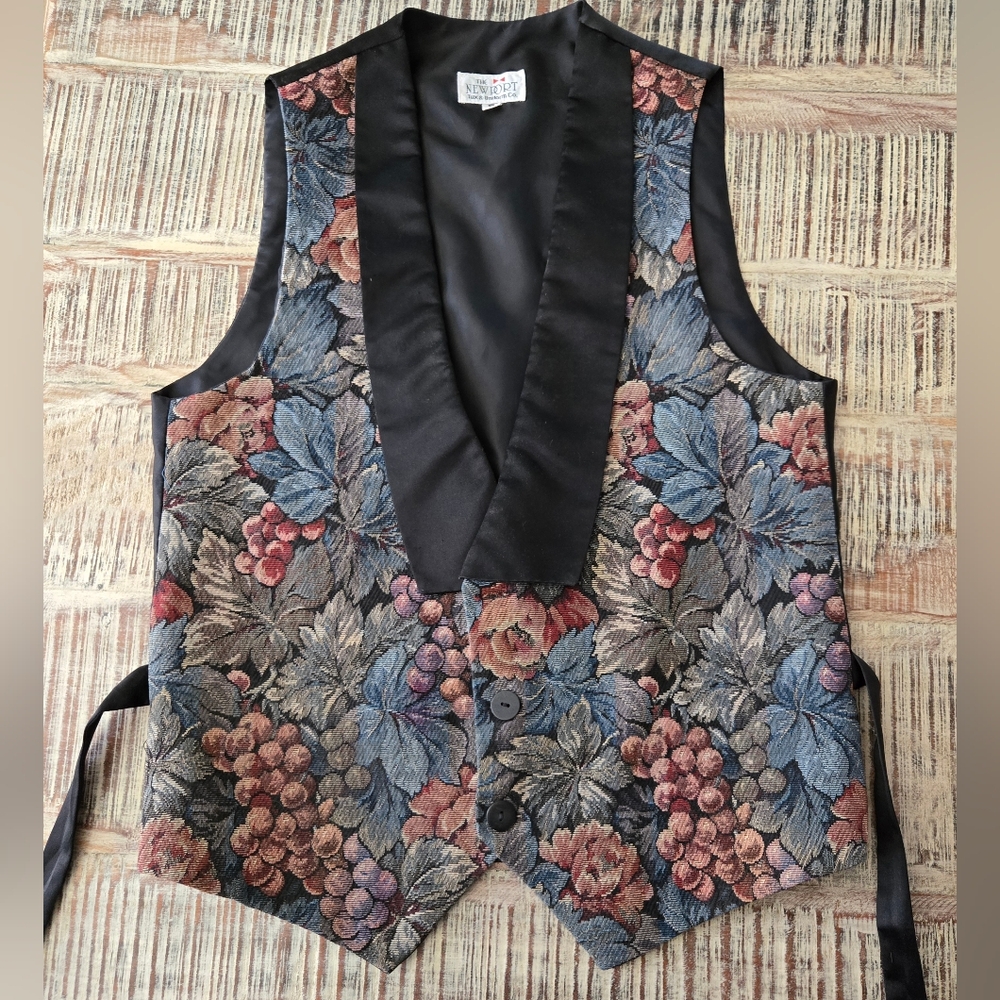 Floral Tapestry Vest with Black Satin Trim
